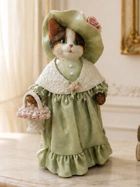 Vintage Music Box Victorian Calico Cat Lady Figurine in a Green Victorian Gown